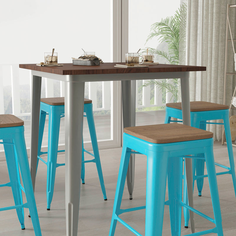 Brooklyn Set of Four 30 Inch Tall Metal Backless Wood Square Seat Bar Stools With Cross Braces