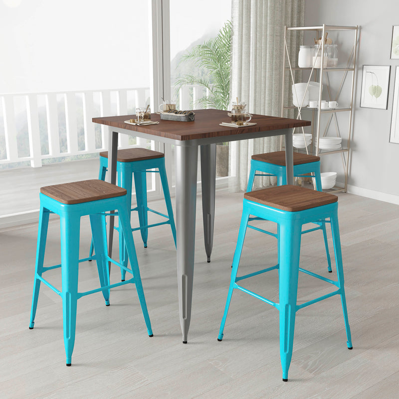 Brooklyn Set of Four 30 Inch Tall Metal Backless Wood Square Seat Bar Stools With Cross Braces