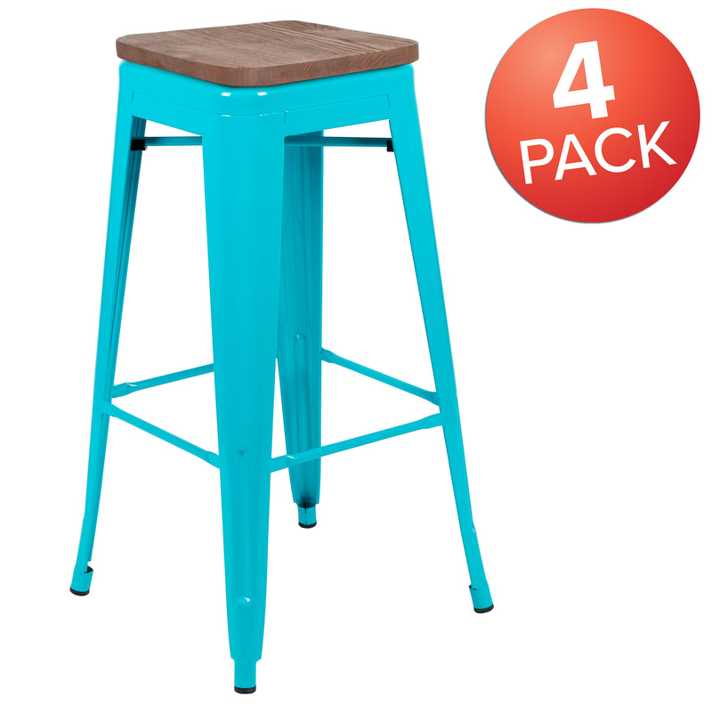 Brooklyn Set of Four 30 Inch Tall Metal Backless Wood Square Seat Bar Stools With Cross Braces