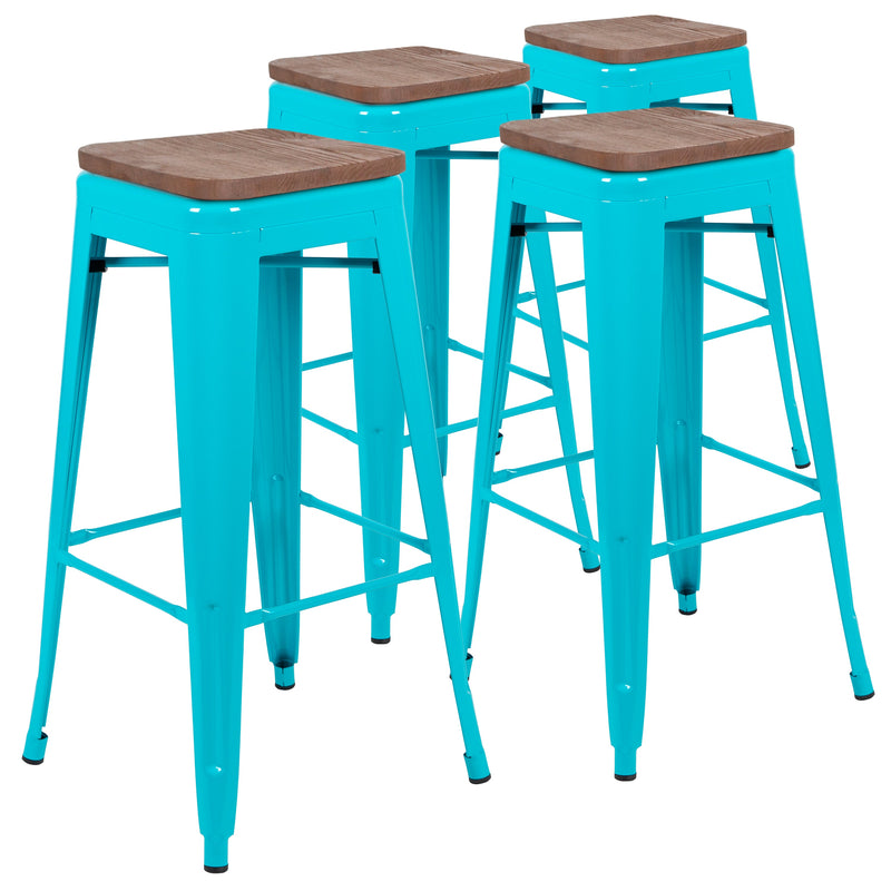 Brooklyn Set of Four 30 Inch Tall Metal Backless Wood Square Seat Bar Stools With Cross Braces
