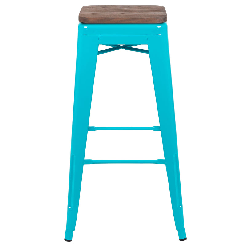 Brooklyn Set of Four 30 Inch Tall Metal Backless Wood Square Seat Bar Stools With Cross Braces