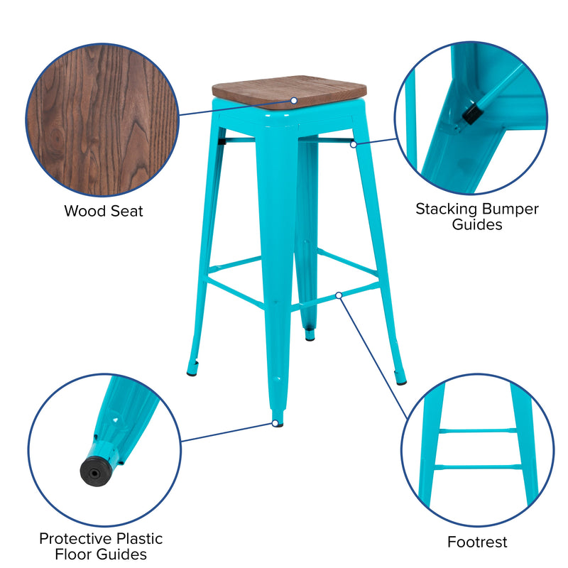 Brooklyn Set of Four 30 Inch Tall Metal Backless Wood Square Seat Bar Stools With Cross Braces