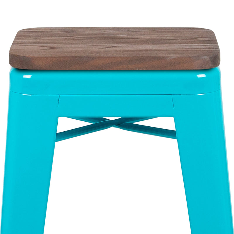 Brooklyn Set of Four 30 Inch Tall Metal Backless Wood Square Seat Bar Stools With Cross Braces