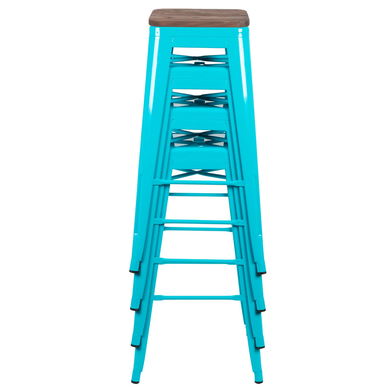 Brooklyn Set of Four 30 Inch Tall Metal Backless Wood Square Seat Bar Stools With Cross Braces