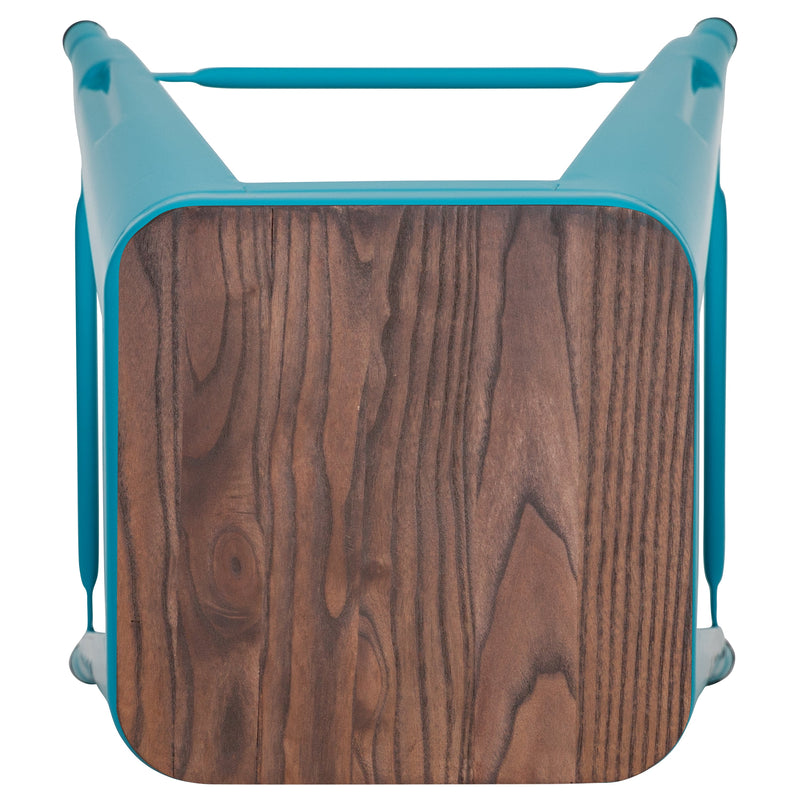 Brooklyn Set of Four 30 Inch Tall Metal Backless Wood Square Seat Bar Stools With Cross Braces