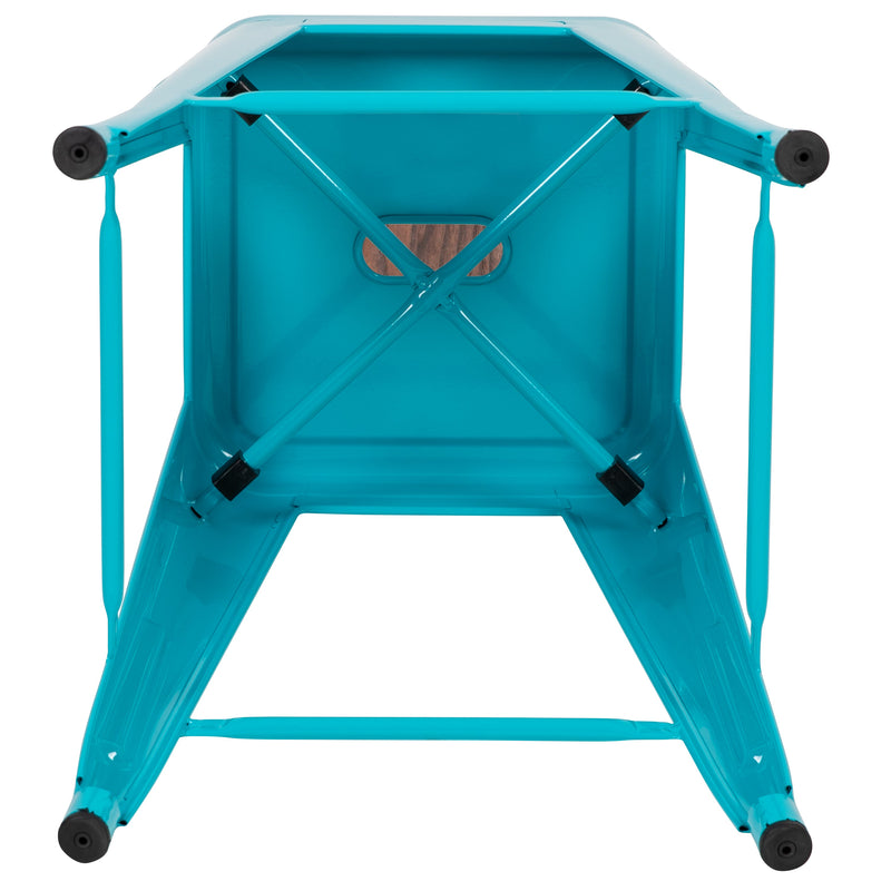 Brooklyn Set of Four 30 Inch Tall Metal Backless Wood Square Seat Bar Stools With Cross Braces