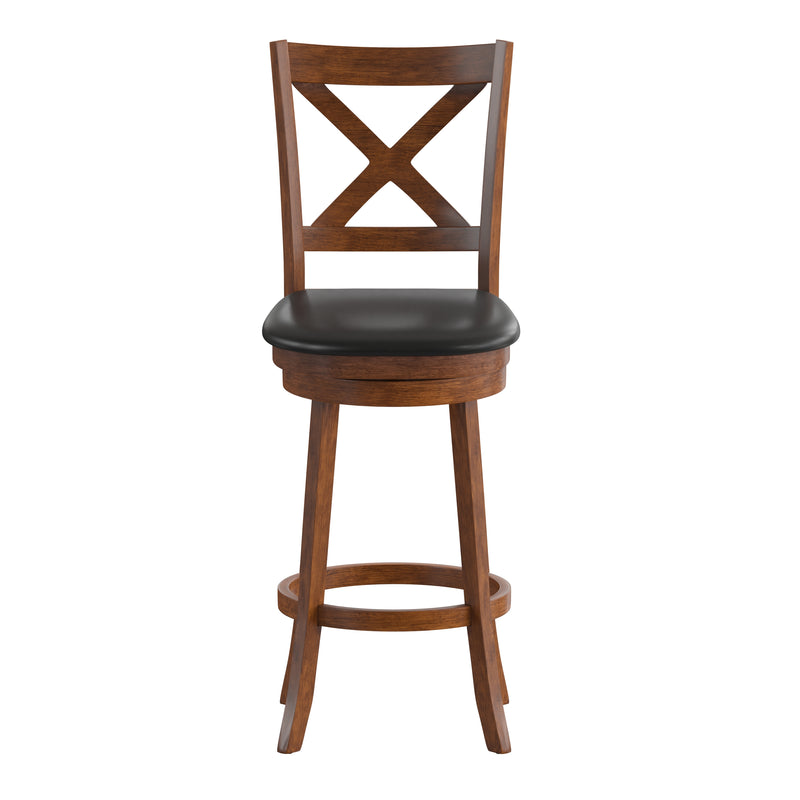Sora 30" Antique Oak Classic Wooden Crossback Swivel Bar Height Pub Stool with Black Faux Leather Padded Seat and Integrated Footrest