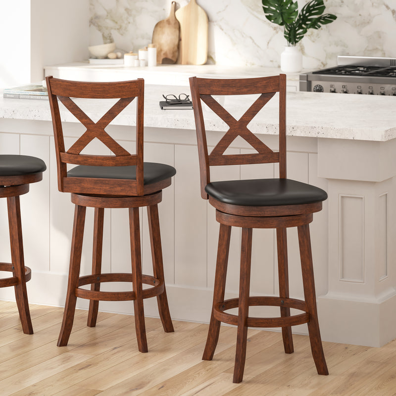 Sora 30" Antique Oak Classic Wooden Crossback Swivel Bar Height Pub Stool with Black Faux Leather Padded Seat and Integrated Footrest