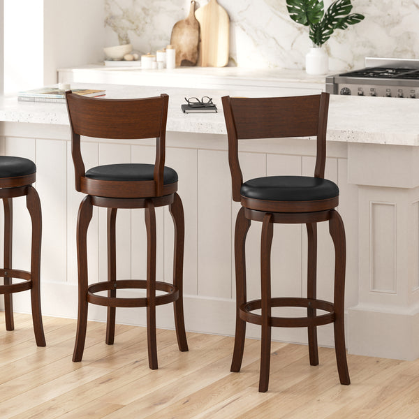 Tally 30" Antique Oak Classic Wooden Open Back Swivel Bar Height Pub Stool with Black Faux Leather Padded Seat and Integrated Footrest