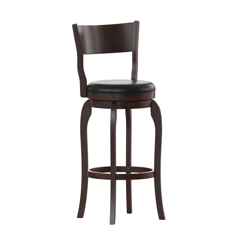 Tally 30" Espresso Classic Wooden Open Back Swivel Bar Height Pub Stool with Black Faux Leather Padded Seat and Integrated Footrest