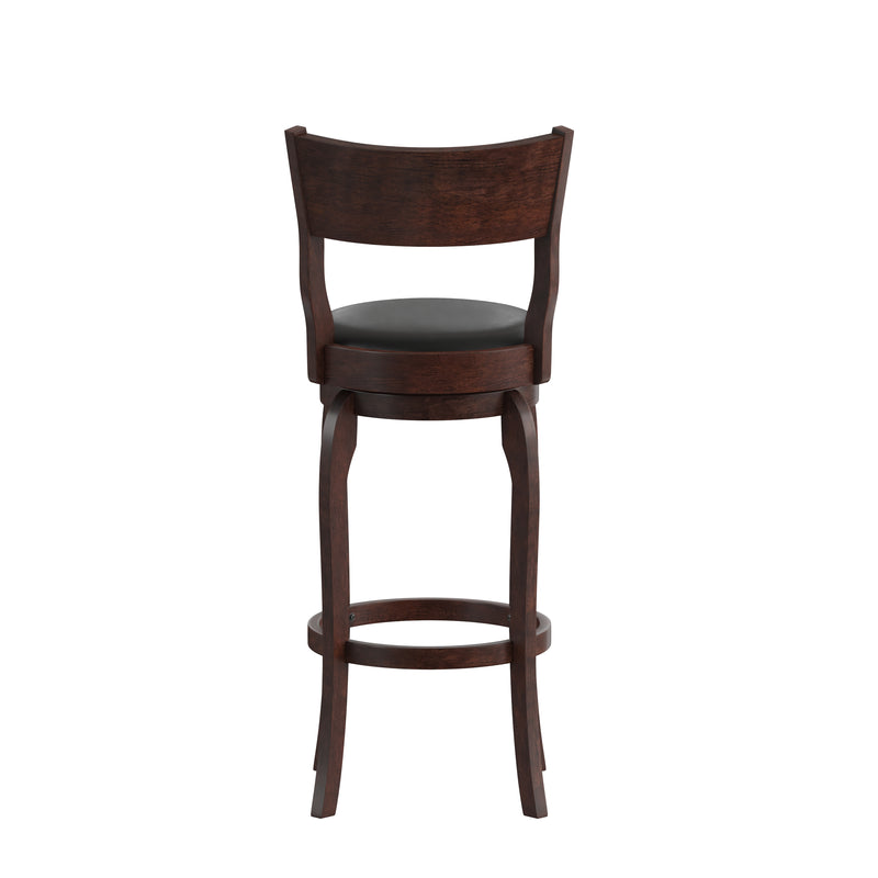 Tally 30" Espresso Classic Wooden Open Back Swivel Bar Height Pub Stool with Black Faux Leather Padded Seat and Integrated Footrest