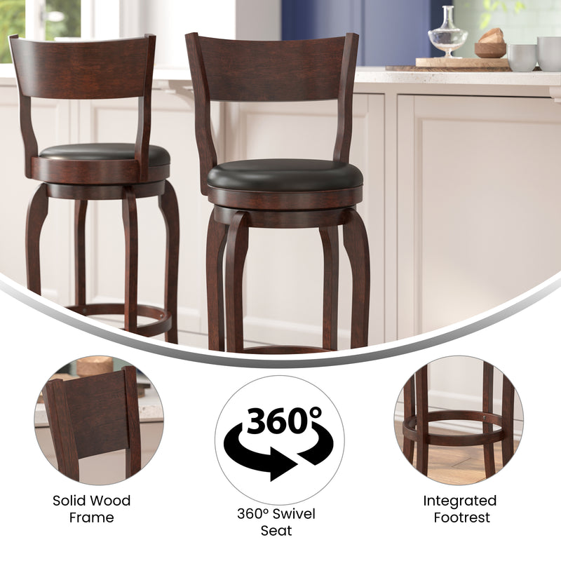 Tally 30" Espresso Classic Wooden Open Back Swivel Bar Height Pub Stool with Black Faux Leather Padded Seat and Integrated Footrest