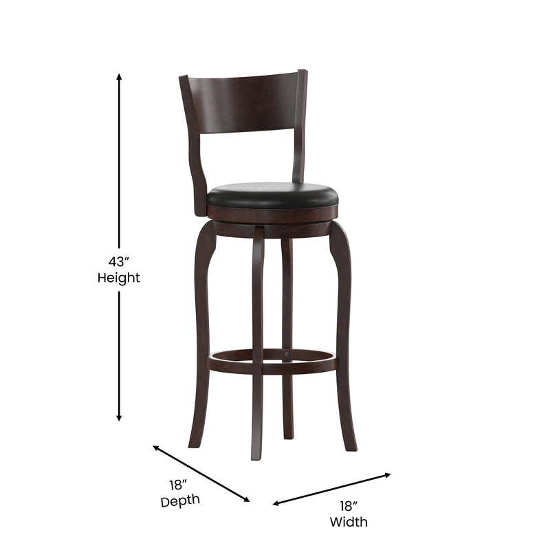 Tally 30" Espresso Classic Wooden Open Back Swivel Bar Height Pub Stool with Black Faux Leather Padded Seat and Integrated Footrest