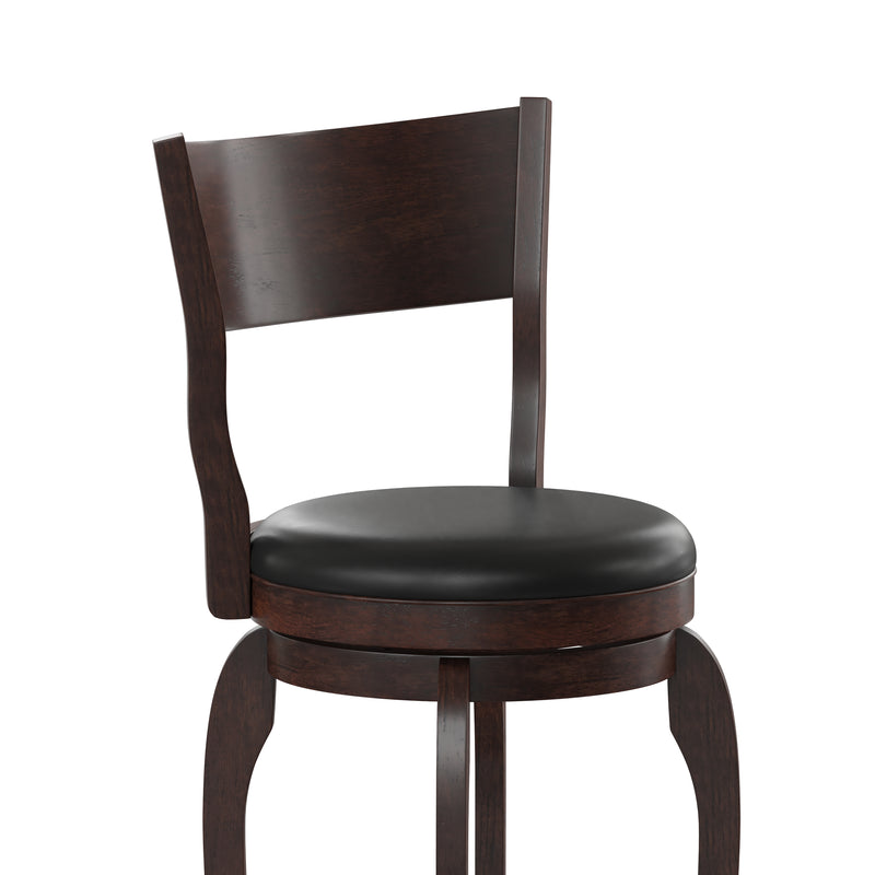 Tally 30" Espresso Classic Wooden Open Back Swivel Bar Height Pub Stool with Black Faux Leather Padded Seat and Integrated Footrest