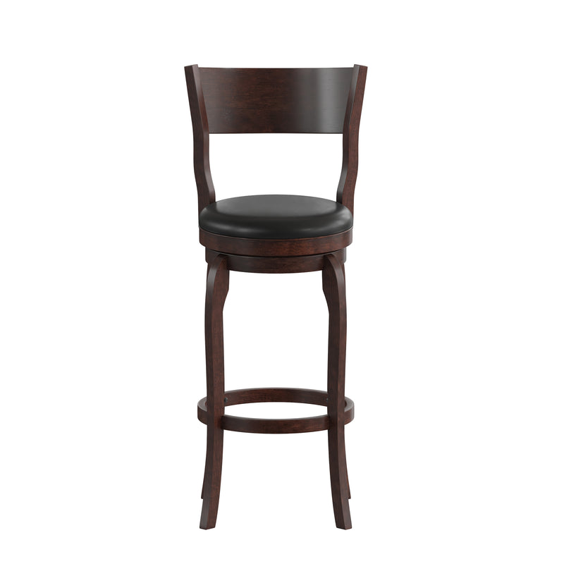 Tally 30" Espresso Classic Wooden Open Back Swivel Bar Height Pub Stool with Black Faux Leather Padded Seat and Integrated Footrest