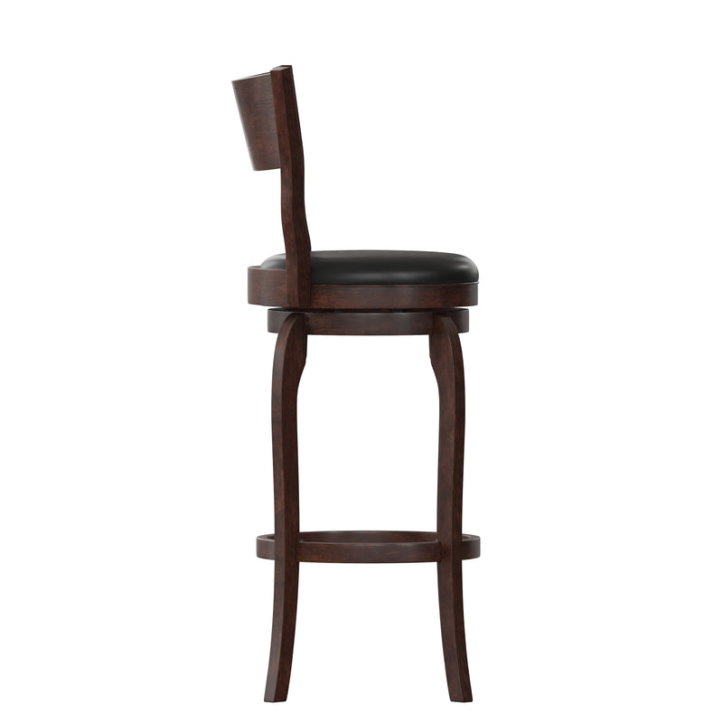 Tally 30" Espresso Classic Wooden Open Back Swivel Bar Height Pub Stool with Black Faux Leather Padded Seat and Integrated Footrest