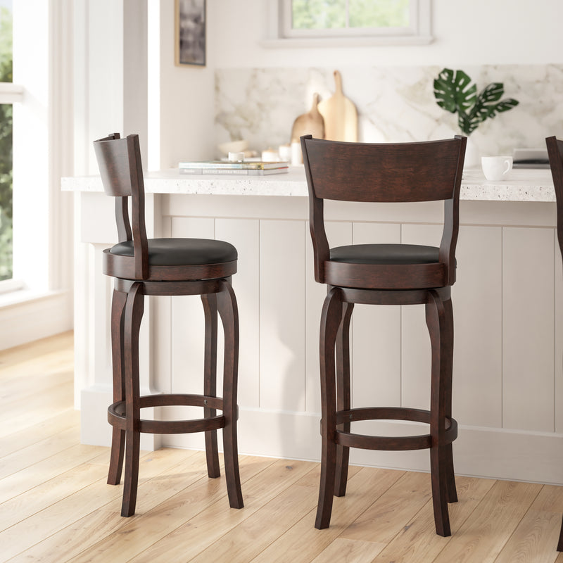 Tally 30" Espresso Classic Wooden Open Back Swivel Bar Height Pub Stool with Black Faux Leather Padded Seat and Integrated Footrest