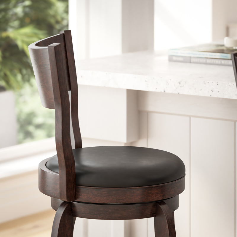 Tally 30" Espresso Classic Wooden Open Back Swivel Bar Height Pub Stool with Black Faux Leather Padded Seat and Integrated Footrest