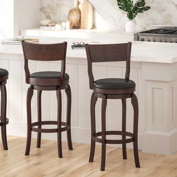 Tally 30" Espresso Classic Wooden Open Back Swivel Bar Height Pub Stool with Black Faux Leather Padded Seat and Integrated Footrest
