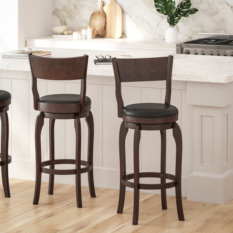 Tally 30" Espresso Classic Wooden Open Back Swivel Bar Height Pub Stool with Black Faux Leather Padded Seat and Integrated Footrest