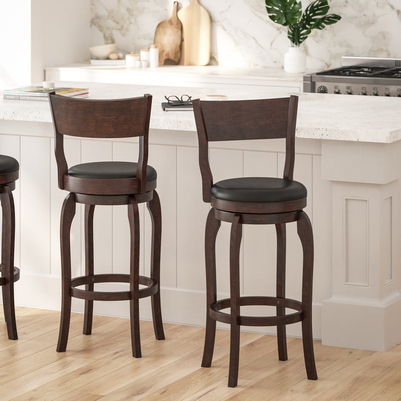 Tally 30" Antique Oak Classic Wooden Open Back Swivel Bar Height Pub Stool with Black Faux Leather Padded Seat and Integrated Footrest