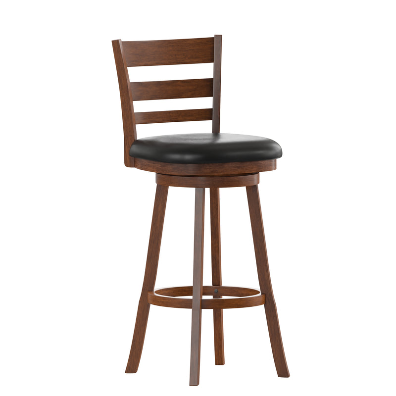 Silla 30" Antique Oak Classic Wooden Ladderback Swivel Bar Height Stool with Black Faux Leather Padded Seat and Integrated Footrest