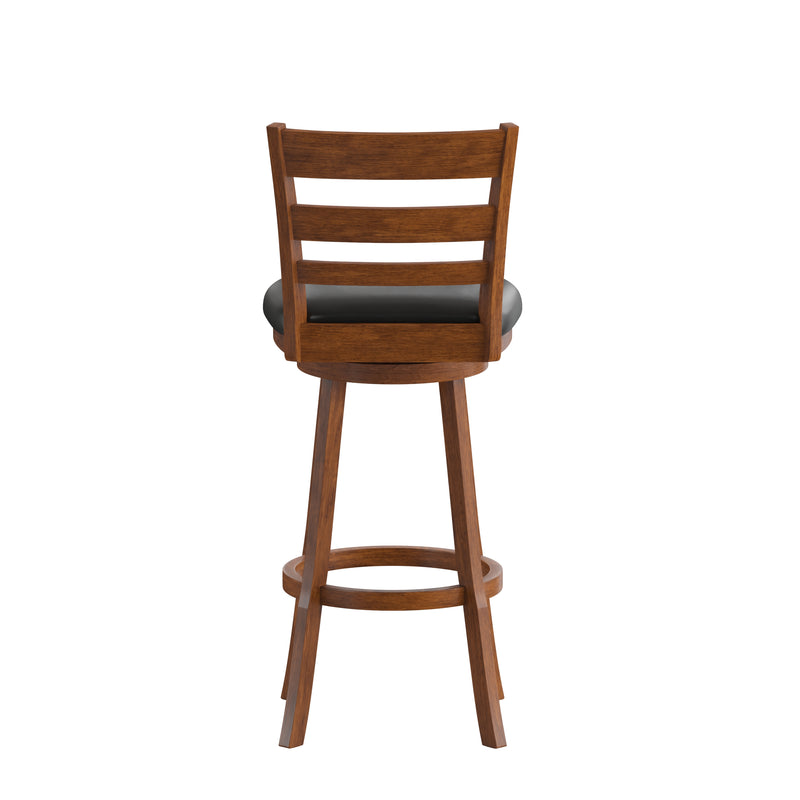 Silla 30" Antique Oak Classic Wooden Ladderback Swivel Bar Height Stool with Black Faux Leather Padded Seat and Integrated Footrest