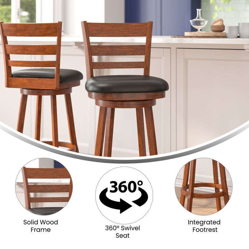 Silla 30" Antique Oak Classic Wooden Ladderback Swivel Bar Height Stool with Black Faux Leather Padded Seat and Integrated Footrest