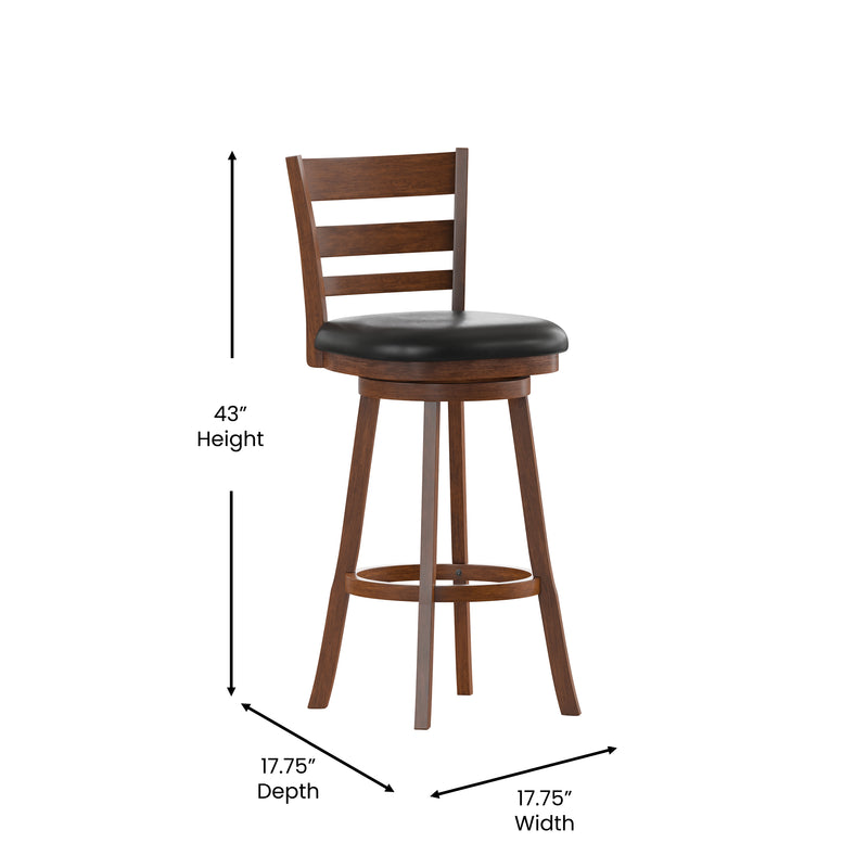 Silla 30" Antique Oak Classic Wooden Ladderback Swivel Bar Height Stool with Black Faux Leather Padded Seat and Integrated Footrest