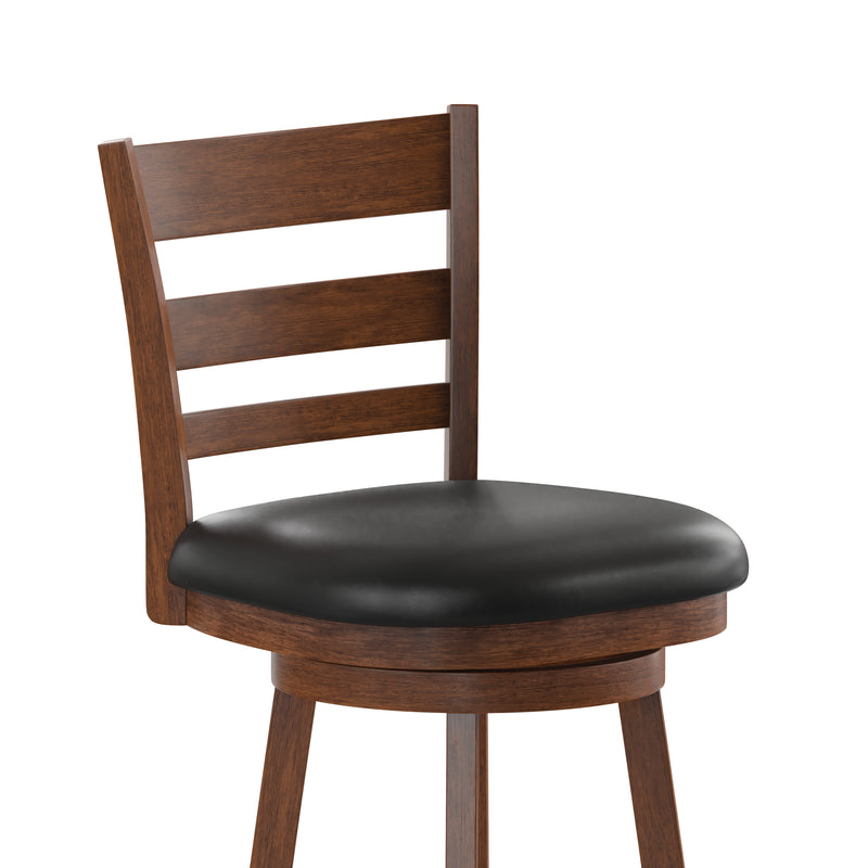 Silla 30" Antique Oak Classic Wooden Ladderback Swivel Bar Height Stool with Black Faux Leather Padded Seat and Integrated Footrest