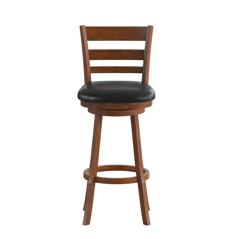 Silla 30" Antique Oak Classic Wooden Ladderback Swivel Bar Height Stool with Black Faux Leather Padded Seat and Integrated Footrest