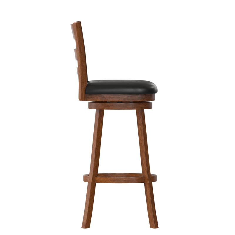 Silla 30" Antique Oak Classic Wooden Ladderback Swivel Bar Height Stool with Black Faux Leather Padded Seat and Integrated Footrest
