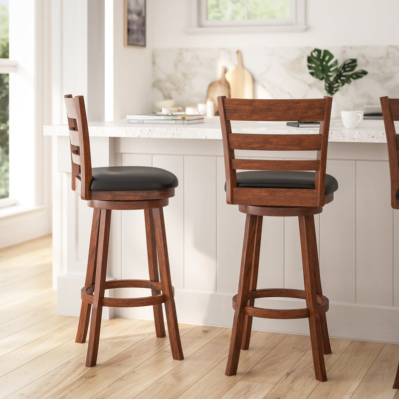 Silla 30" Antique Oak Classic Wooden Ladderback Swivel Bar Height Stool with Black Faux Leather Padded Seat and Integrated Footrest