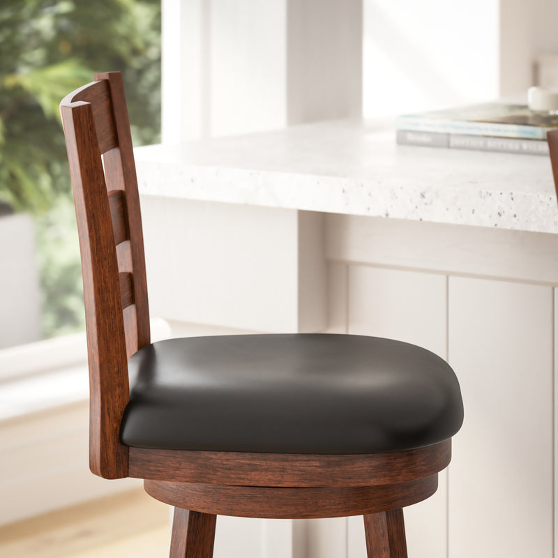 Silla 30" Antique Oak Classic Wooden Ladderback Swivel Bar Height Stool with Black Faux Leather Padded Seat and Integrated Footrest
