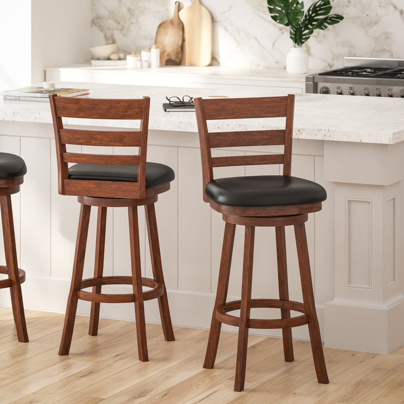 Silla 30" Antique Oak Classic Wooden Ladderback Swivel Bar Height Stool with Black Faux Leather Padded Seat and Integrated Footrest