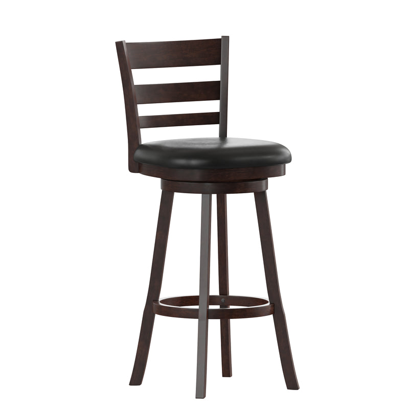 Silla 30" Espresso Classic Wooden Ladderback Swivel Bar Height Stool with Black Faux Leather Padded Seat and Integrated Footrest