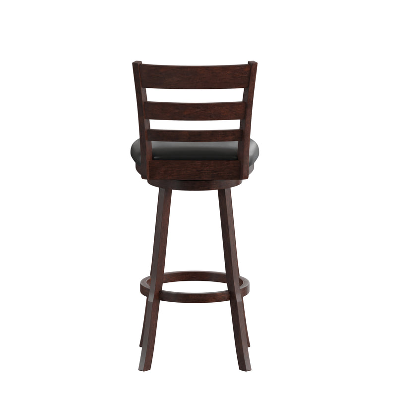 Silla 30" Espresso Classic Wooden Ladderback Swivel Bar Height Stool with Black Faux Leather Padded Seat and Integrated Footrest