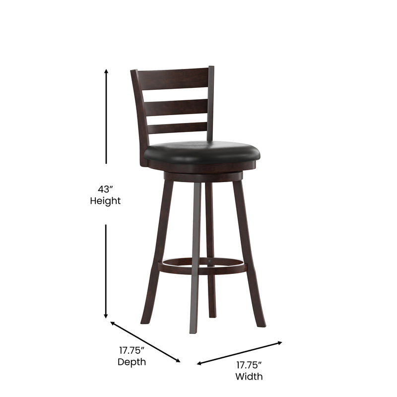 Silla 30" Espresso Classic Wooden Ladderback Swivel Bar Height Stool with Black Faux Leather Padded Seat and Integrated Footrest