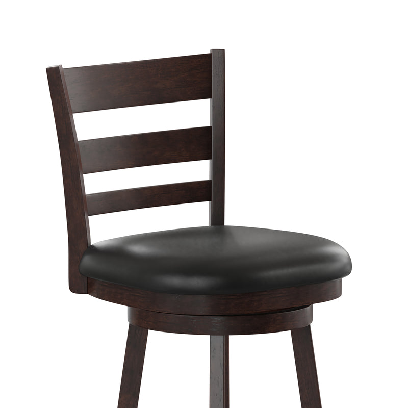 Silla 30" Espresso Classic Wooden Ladderback Swivel Bar Height Stool with Black Faux Leather Padded Seat and Integrated Footrest