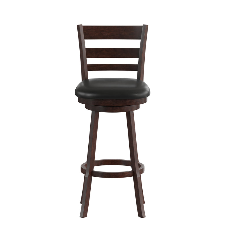 Silla 30" Espresso Classic Wooden Ladderback Swivel Bar Height Stool with Black Faux Leather Padded Seat and Integrated Footrest