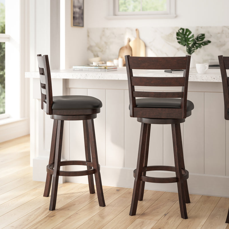 Silla 30" Espresso Classic Wooden Ladderback Swivel Bar Height Stool with Black Faux Leather Padded Seat and Integrated Footrest