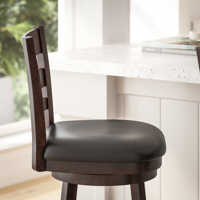 Silla 30" Espresso Classic Wooden Ladderback Swivel Bar Height Stool with Black Faux Leather Padded Seat and Integrated Footrest