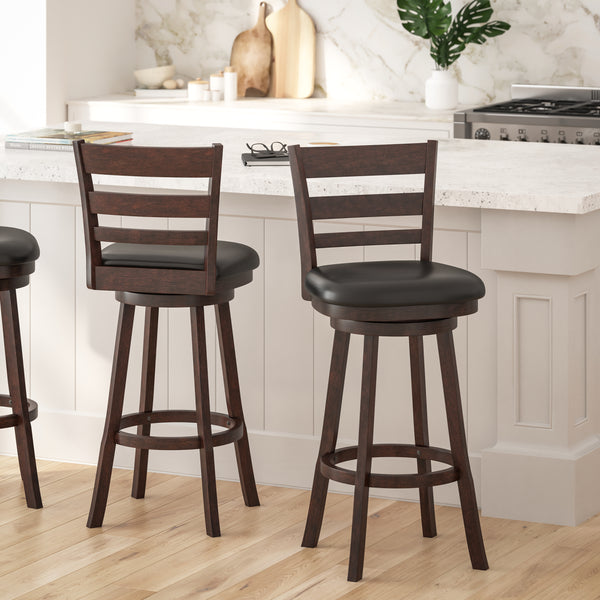 Silla 30" Espresso Classic Wooden Ladderback Swivel Bar Height Stool with Black Faux Leather Padded Seat and Integrated Footrest