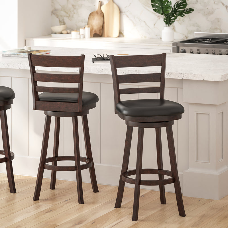 Silla 30" Espresso Classic Wooden Ladderback Swivel Bar Height Stool with Black Faux Leather Padded Seat and Integrated Footrest