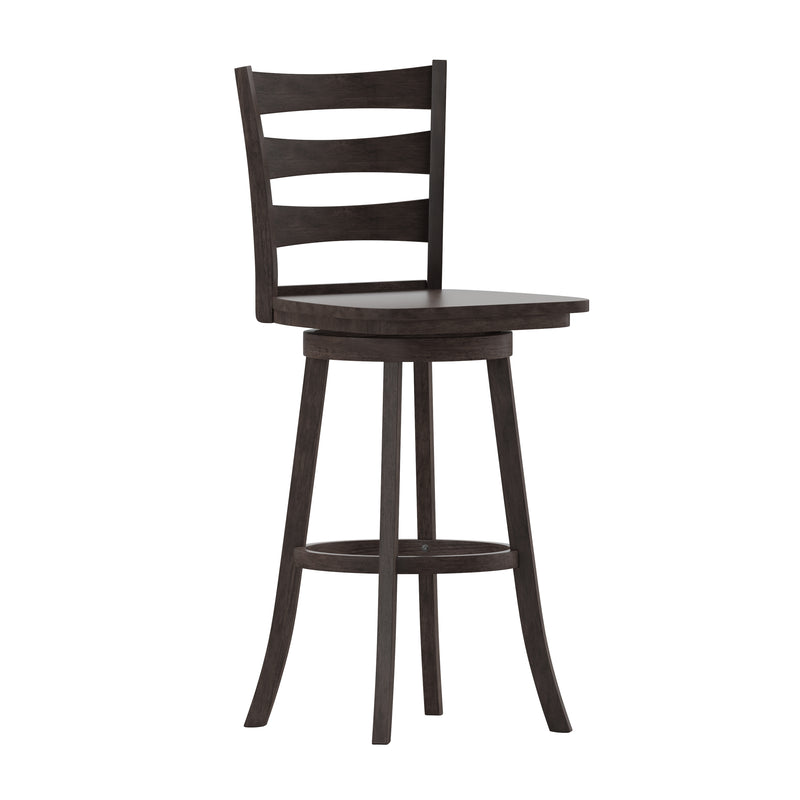Therus 30" Gray Wash Walnut Classic Wooden Ladderback Swivel Bar Height Stool with Solid Wood Seat and Footrest