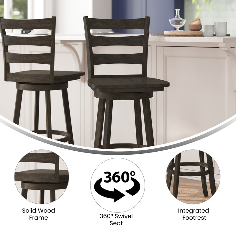 Therus 30" Gray Wash Walnut Classic Wooden Ladderback Swivel Bar Height Stool with Solid Wood Seat and Footrest