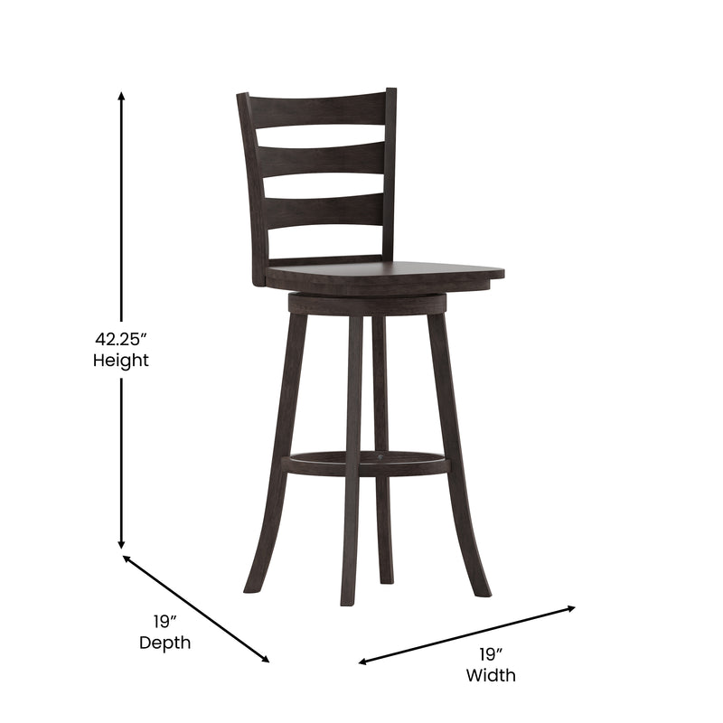 Therus 30" Gray Wash Walnut Classic Wooden Ladderback Swivel Bar Height Stool with Solid Wood Seat and Footrest