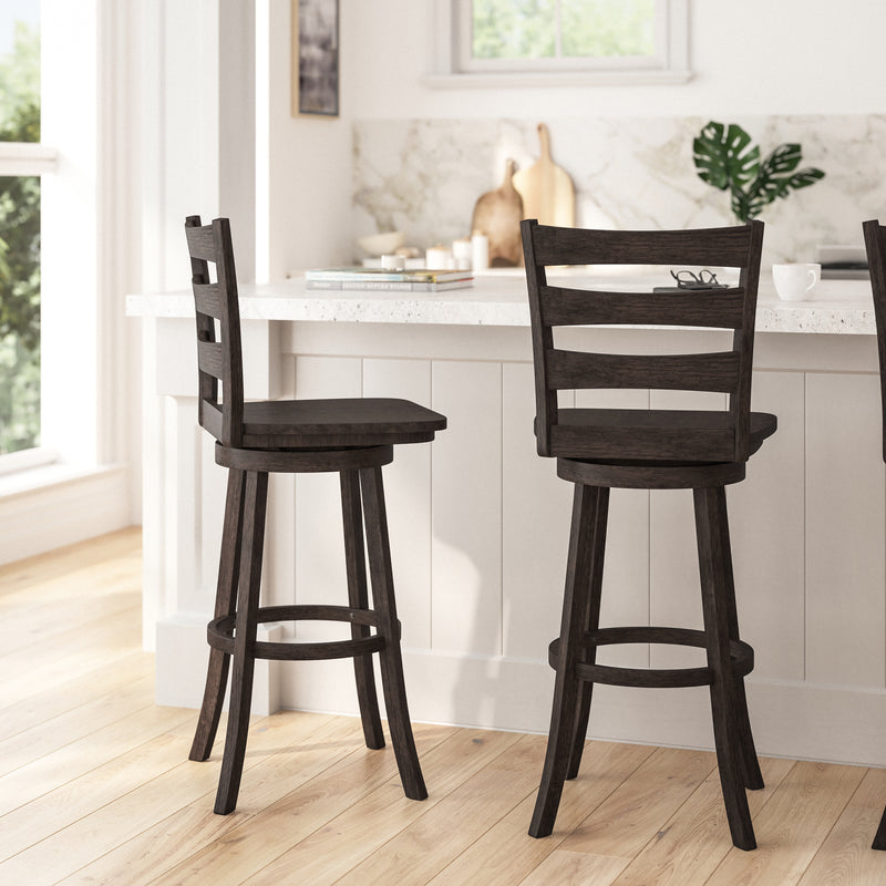 Therus 30" Gray Wash Walnut Classic Wooden Ladderback Swivel Bar Height Stool with Solid Wood Seat and Footrest