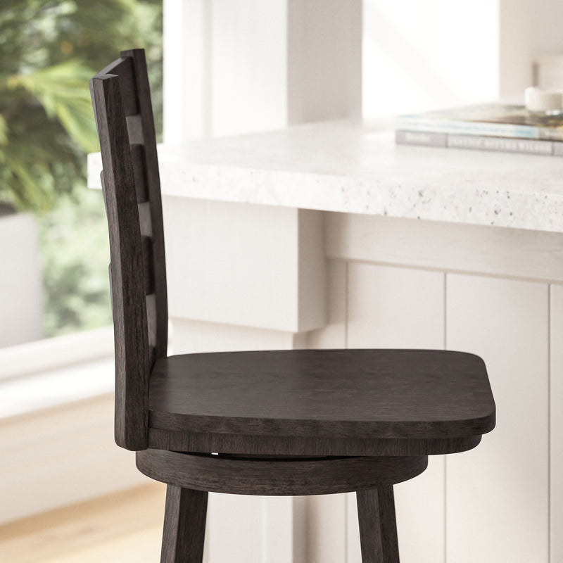 Therus 30" Gray Wash Walnut Classic Wooden Ladderback Swivel Bar Height Stool with Solid Wood Seat and Footrest