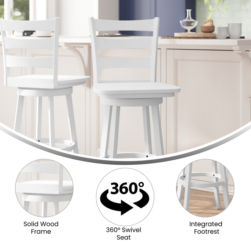 Therus 30" Gray Wash Walnut Classic Wooden Ladderback Swivel Bar Height Stool with Solid Wood Seat and Footrest